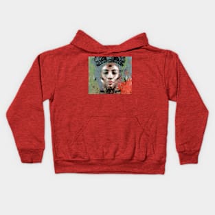 Beautiful girl face, ovarlay with some shapes. Gray, red. Interesting. Kids Hoodie